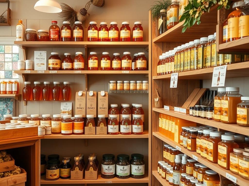 Immagine di un negozio di prodotti naturali con scaffali pieni di miele, propoli e altri prodotti dell'alveare