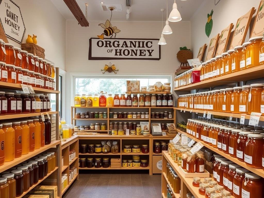 Immagine di un negozio specializzato in miele biologico con scaffali pieni di vasetti di miele e altri prodotti dell'alveare.