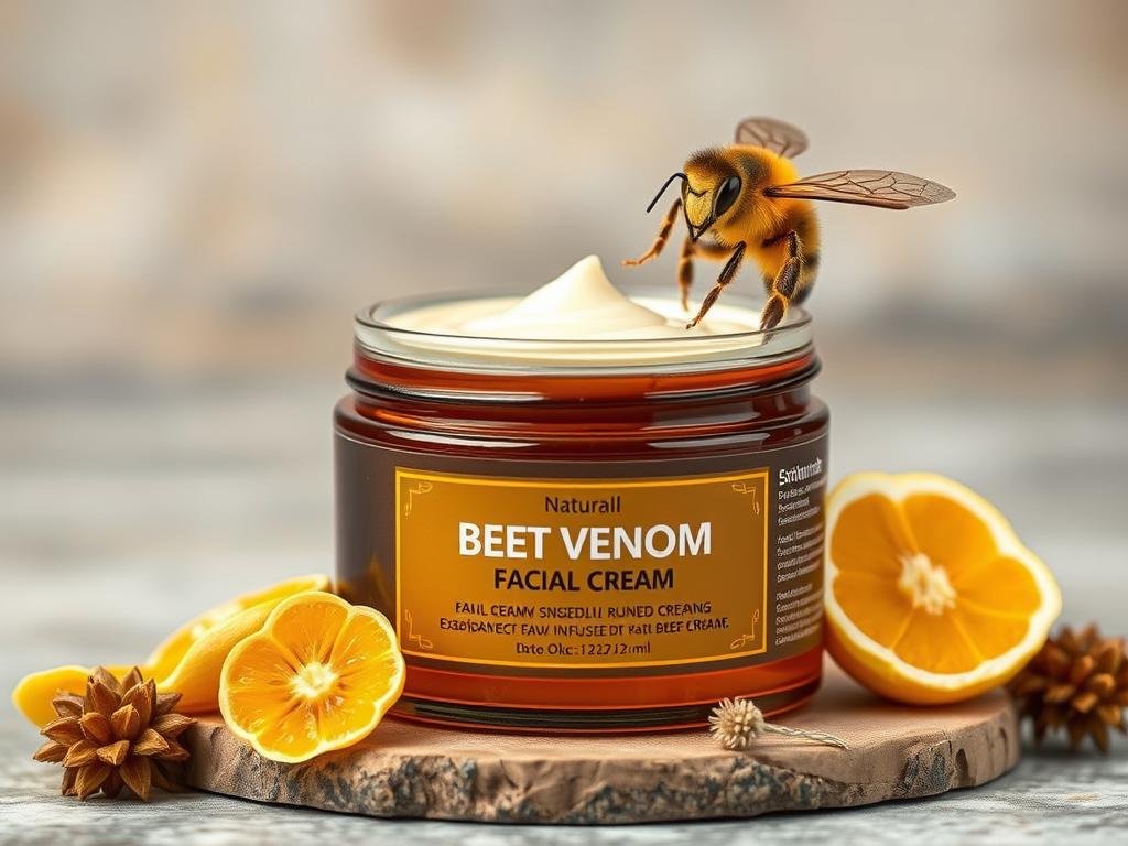 Immagine di una crema viso al veleno d'api con ingredienti naturali
