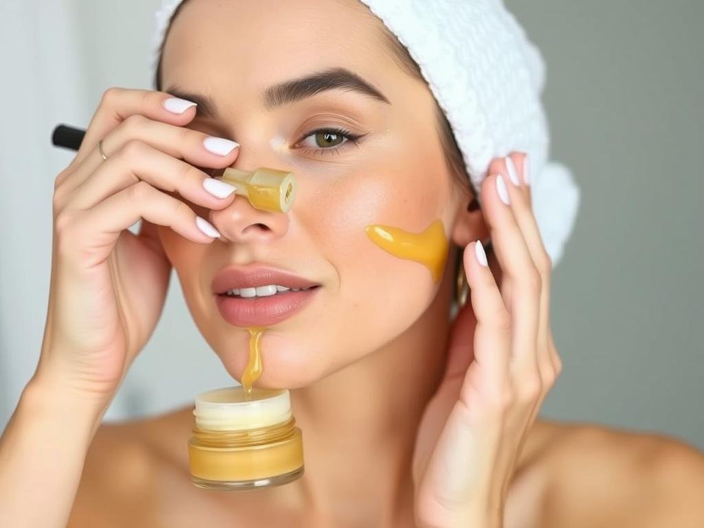 Immagine di una donna che applica una crema al polline e pappa reale sul viso