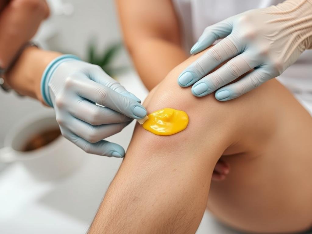 Immagine di una persona che applica una crema al veleno d'api sulle articolazioni