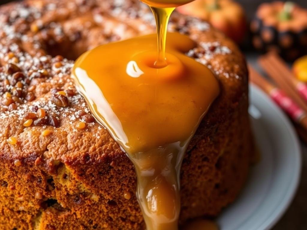 Immagine di una salsa al miele e cannella servita su una torta autunnale