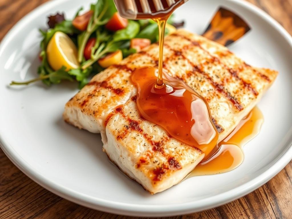Immagine di una salsa al miele su pesce grigliato