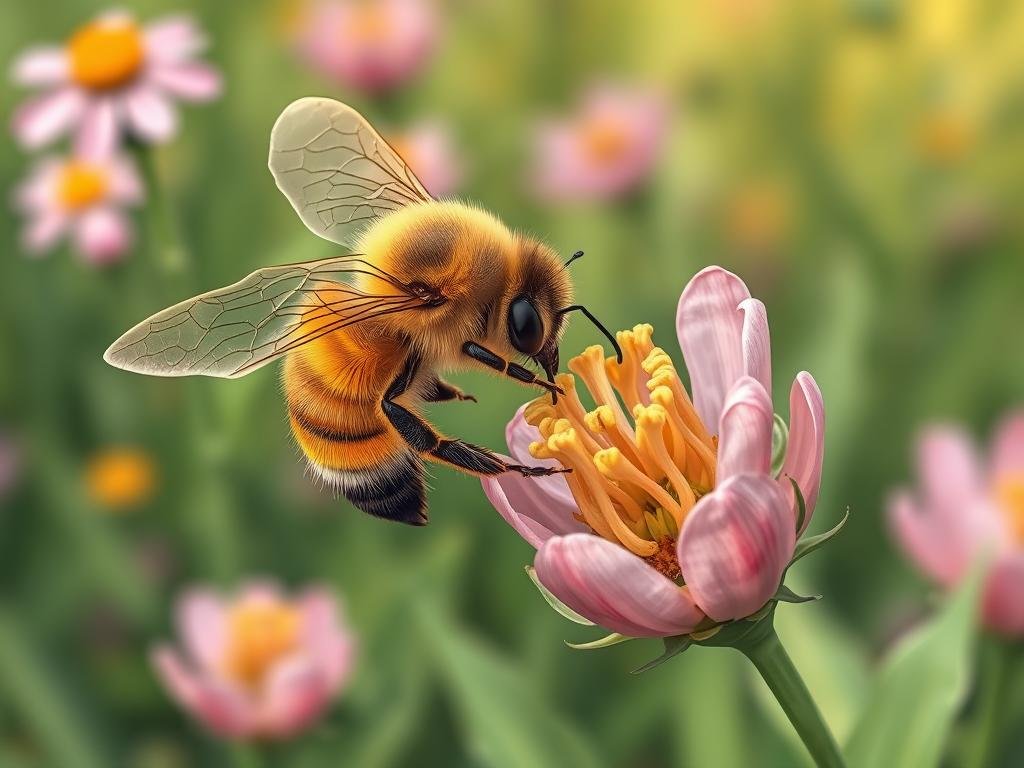 Immagine di un'ape che raccoglie nettare da un fiore biologico