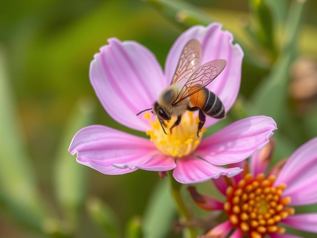 Immagine di un'ape che raccoglie nettare da un fiore di acacia