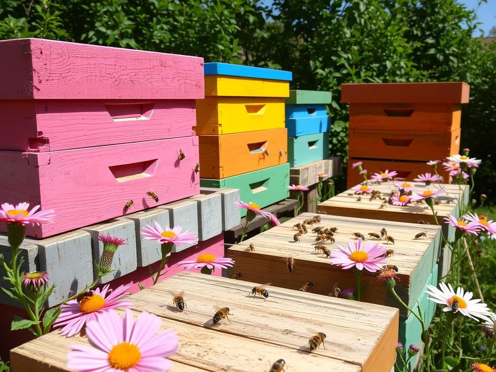 Immagine di un'apicoltura con alveari e api al lavoro