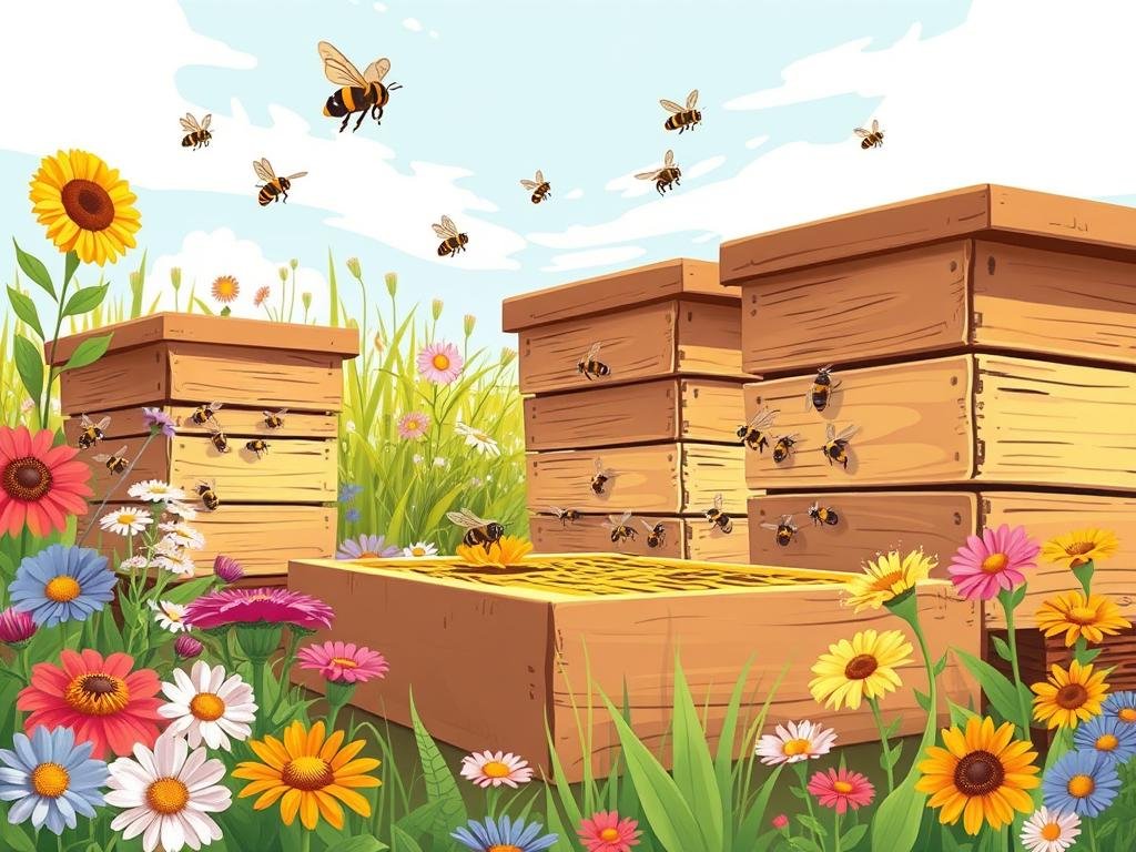 Immagine di un'apicoltura con api al lavoro