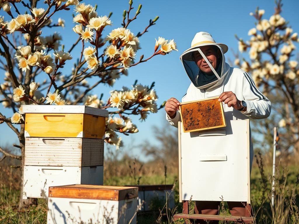 Immagine di un'apiere con alveari vicino a una fioritura di acacia