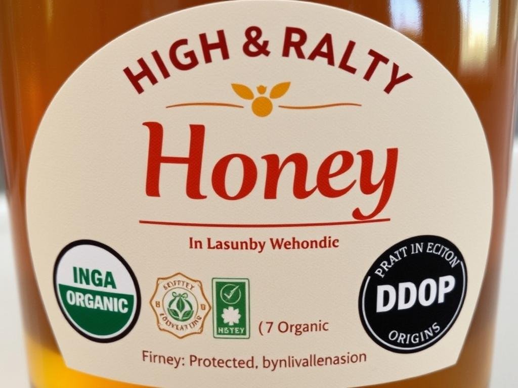 Immagine di un'etichetta di miele di alta qualità con certificazioni biologiche e marchio DOP