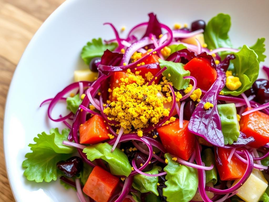 Immagine di un'insalata colorata con polline d'api spolverato sopra