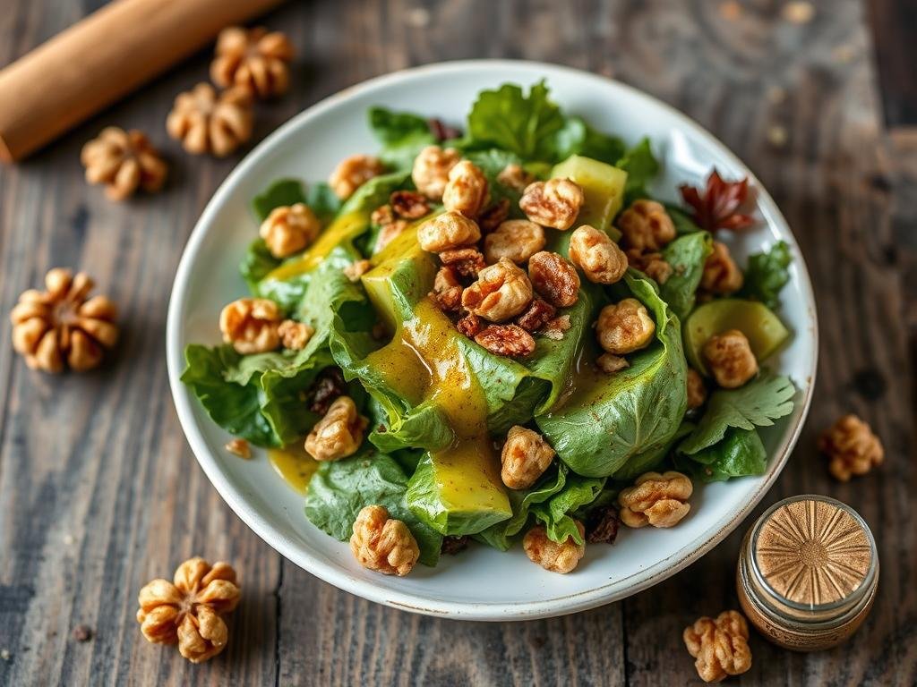 Immagine di un'insalata invernale condita con salsa al miele, cannella e noci