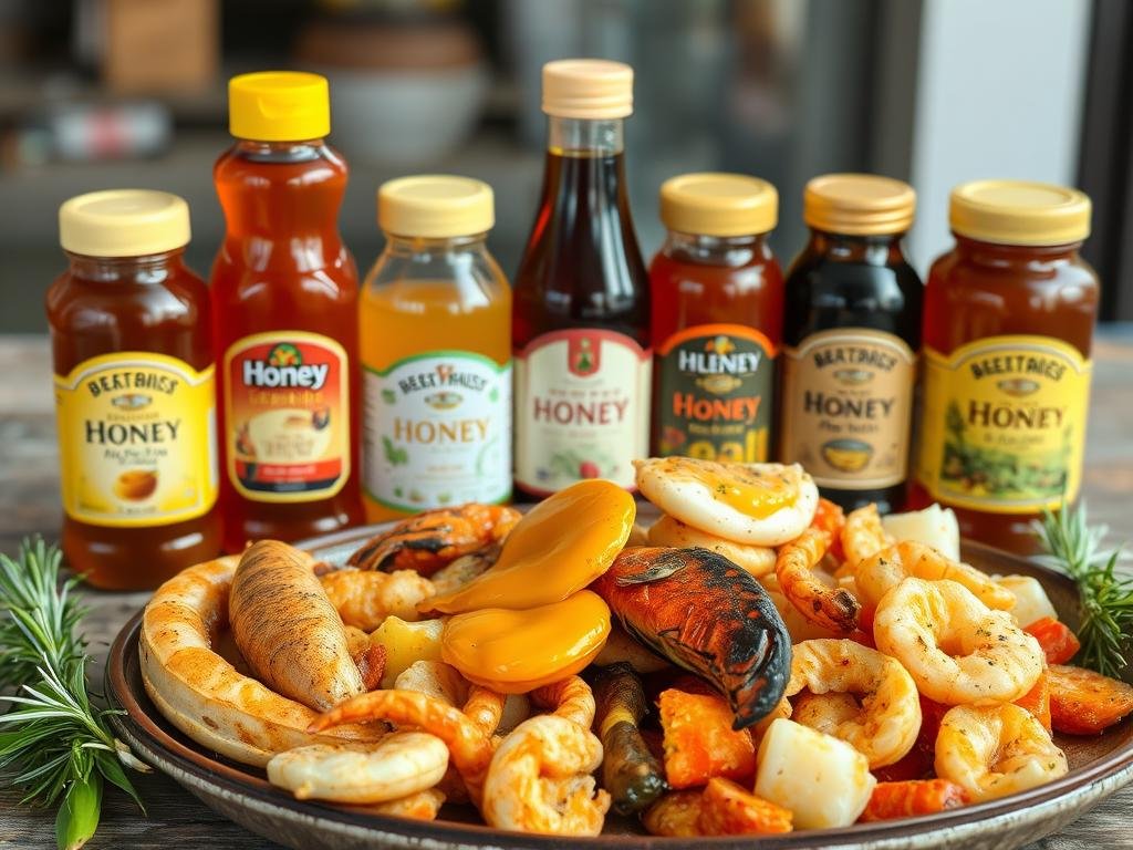 Immagine di vari tipi di miele accanto a piatti di pesce