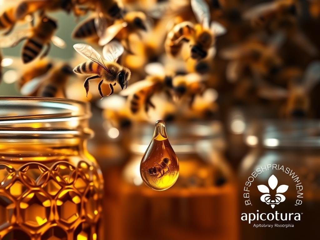 Intricate glass jars filled with gleaming amber liquid, the "veleno d'api apiterapia" (bee venom apitherapy) on display. A swarm of honey bees buzzes overhead, their wings catching the soft, natural lighting. In the foreground, a close-up of a single drop of the precious bee venom, its viscous texture and therapeutic properties evident. The background features the Apicoltura brand logo, a nod to the artisanal, Italian-inspired nature of this natural remedy. This image encapsulates the potent, medicinal essence of bee venom and its role in the holistic world of apitherapy. Intricate glass jars filled with gleaming amber liquid, the "veleno d'api apiterapia" (bee venom apitherapy) on display. A swarm of honey bees buzzes overhead, their wings catching the soft, natural lighting. In the foreground, a close-up of a single drop of the precious bee venom, its viscous texture and therapeutic properties evident. The background features the Apicoltura brand logo, a nod to the artisanal, Italian-inspired nature of this natural remedy. This image encapsulates the potent, medicinal essence of bee venom and its role in the holistic world of apitherapy.