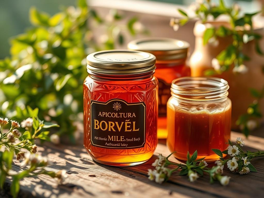 Intricate glass jars filled with rich golden APICOLTURA BORVEI MIELE, artfully displayed on a rustic wooden table. Warm lighting casts a cozy glow, highlighting the lucent texture and deep hues of the authentic Italian honey. Surrounding the jars, lush green foliage and delicate wildflowers create a tranquil, countryside ambiance. The scene evokes the care and craftsmanship of small-batch, artisanal honey production, inviting the viewer to savor the pure, unadulterated essence of this Italian delicacy.