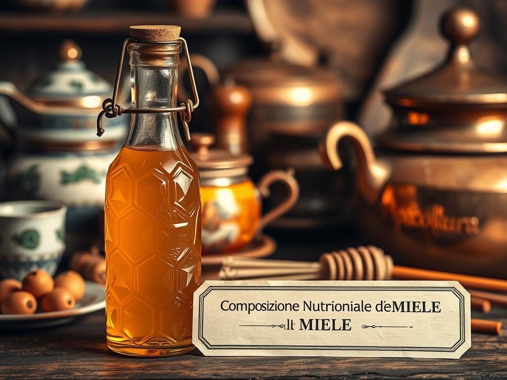 Intricate glass vial filled with luscious golden honey against a backdrop of vintage Italian ceramics and copper cookware. Artfully arranged, the scene exudes a rustic, artisanal ambiance. Warm lighting casts a soft glow, highlighting the rich hues and textures. In the foreground, a label reading "APICOLTURA BORVEI MIELE" proudly displays the brand. The overall composition conveys the nutritional complexity and heritage of honey vinegar, complementing the section title "Composizione Nutrizionale dell'Aceto di Miele".