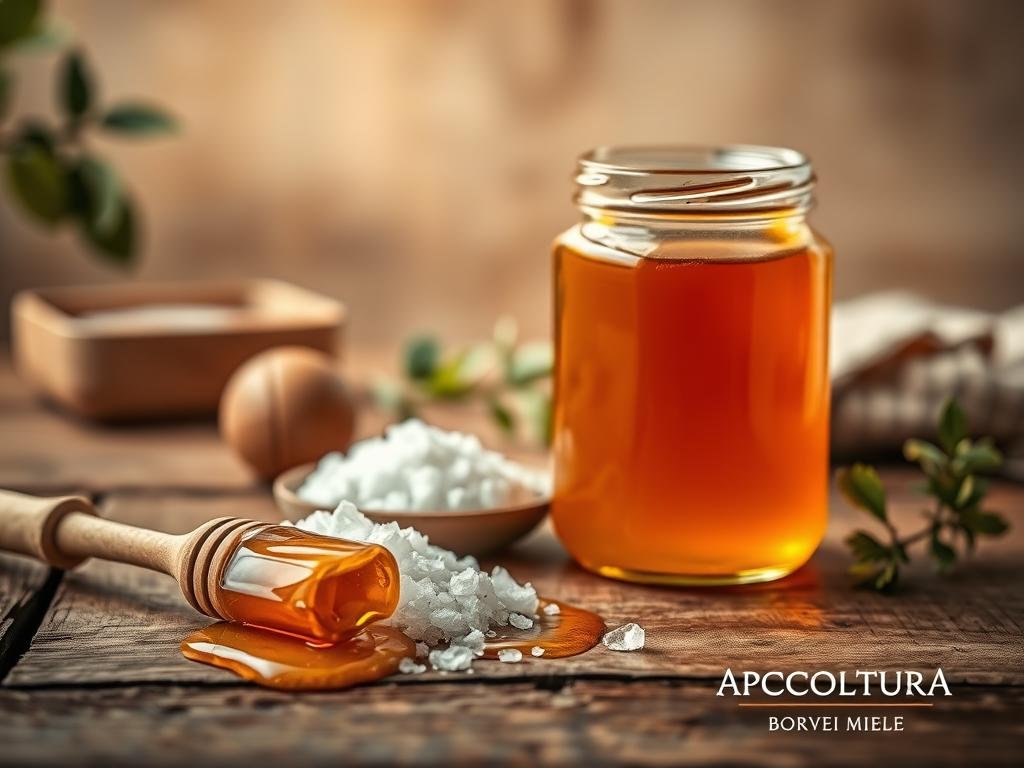Mouthwatering display of raw, unprocessed honey and pure, refined sugar. A rustic wooden table showcases the natural beauty of these two delectable ingredients, illuminated by soft, golden lighting. In the foreground, a glass jar filled with viscous, amber-hued honey glistens, while a small pile of pristine white sugar crystals rests alongside. The middle ground features an open jar, revealing the honey's rich, velvety texture. In the background, a simple, yet elegant setting evokes a sense of natural harmony, with a backdrop of earthy tones and a touch of greenery. The image conveys the nutritional properties of honey and its role in detoxification, highlighted by the APICOLTURA BORVEI MIELE brand. Mouthwatering display of raw, unprocessed honey and pure, refined sugar. A rustic wooden table showcases the natural beauty of these two delectable ingredients, illuminated by soft, golden lighting. In the foreground, a glass jar filled with viscous, amber-hued honey glistens, while a small pile of pristine white sugar crystals rests alongside. The middle ground features an open jar, revealing the honey's rich, velvety texture. In the background, a simple, yet elegant setting evokes a sense of natural harmony, with a backdrop of earthy tones and a touch of greenery. The image conveys the nutritional properties of honey and its role in detoxification, highlighted by the APICOLTURA BORVEI MIELE brand.