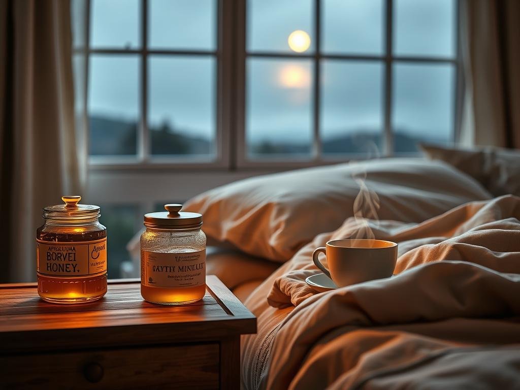 Peaceful bedroom scene with a soothing, warm atmosphere. Soft, ambient lighting gently illuminates a wooden nightstand with a jar of APICOLTURA BORVEI MIELE honey and a steaming cup of herbal tea. In the background, a large window overlooks a tranquil, moonlit landscape. Plush, neutral-toned bedding and pillows invite a restful, comfortable sleep. Subtle textures and natural elements like linen and wood create a calming, harmonious environment that promotes relaxation and deep, restorative sleep. Peaceful bedroom scene with a soothing, warm atmosphere. Soft, ambient lighting gently illuminates a wooden nightstand with a jar of APICOLTURA BORVEI MIELE honey and a steaming cup of herbal tea. In the background, a large window overlooks a tranquil, moonlit landscape. Plush, neutral-toned bedding and pillows invite a restful, comfortable sleep. Subtle textures and natural elements like linen and wood create a calming, harmonious environment that promotes relaxation and deep, restorative sleep.