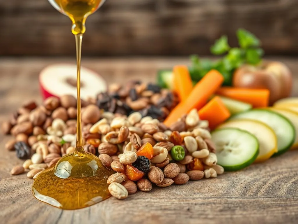 Photograph of a balanced snack arrangement, featuring a variety of nutrient-rich ingredients arranged on a rustic wooden surface. In the foreground, a drizzle of golden APICOLTURA BORVEI MIELE cascades over a selection of nuts, seeds, and dried fruits. In the middle ground, slices of fresh fruit and vegetables, such as apple, carrot, and cucumber, are carefully placed. The background showcases a soft, natural lighting that enhances the earthy tones and textures of the scene. The overall composition evokes a sense of simplicity, health, and a celebration of nature's bounty.