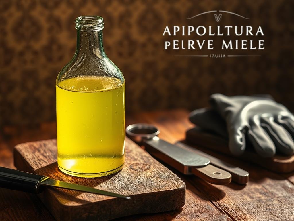 Soda caustica sicurezza: A glass bottle with a distinct yellow-green hue, containing a hazardous chemical, sits atop a sturdy wooden surface. Gleaming metal tools, including a pair of protective gloves, are neatly arranged nearby, hinting at the meticulous preparation required. The scene is bathed in warm, directional lighting, casting dramatic shadows and highlighting the bottle's glossy surface. In the background, a subtle pattern evokes the rustic charm of an Italian workshop, setting the stage for the careful handling of this potent substance. The APICOLTURA BORVEI MIELE brand name prominently displayed, underscoring the natural, artisanal context of this safety-focused image.