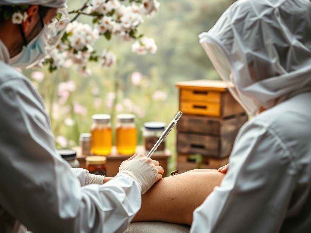 Stylized image of an apiculture setup featuring a professional applying bee venom therapy on a patient's skin. In the foreground, the therapist is carefully administering the treatment using a specialized applicator. The middle ground shows various apiarian instruments and equipment, including a beehive, honey jars, and protective gear. The background depicts a serene, natural setting with blooming flowers and lush greenery, evoking a sense of tranquility. The lighting is soft and diffused, creating a warm, therapeutic atmosphere. The image conveys the expertise and care involved in the Apicoltura bee venom therapy process.
