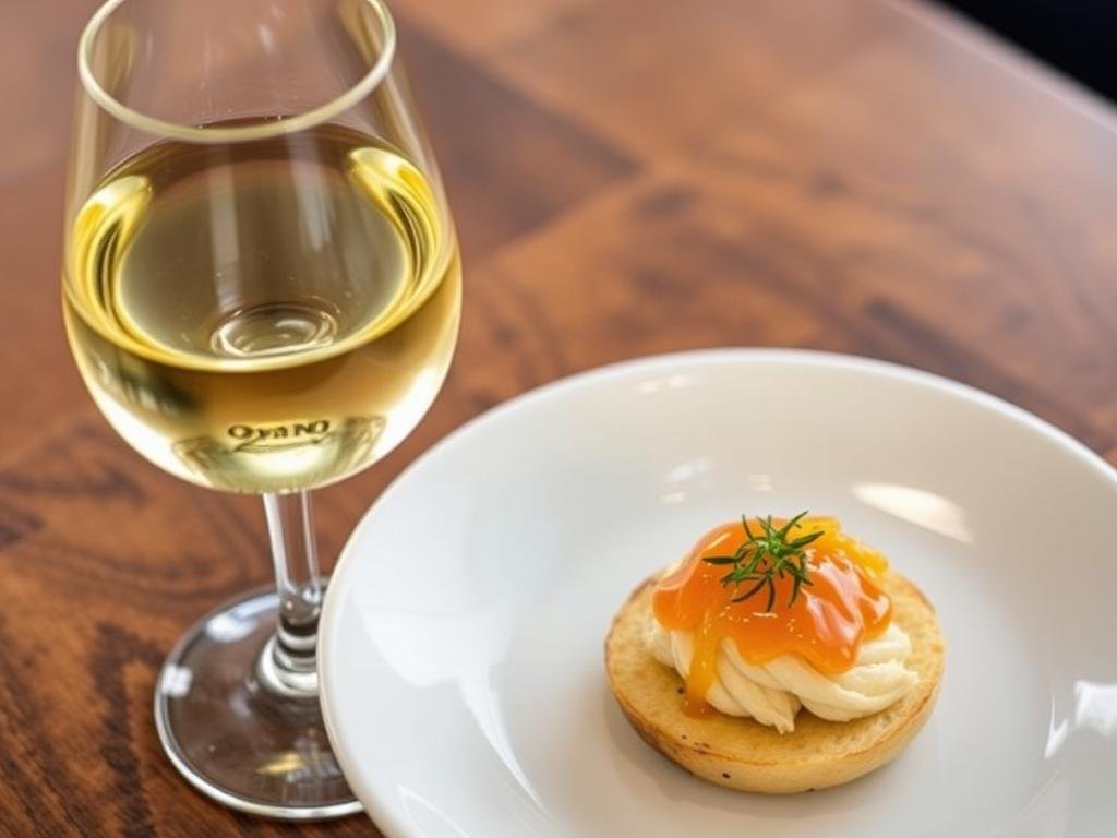 Un bicchiere di vino bianco secco abbinato a un antipasto con miele