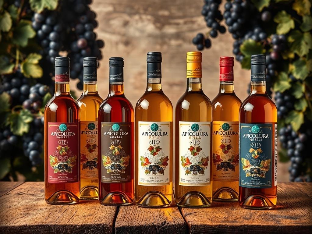 Varietà di aceto di miele italiano: una selezione di bottiglie di APICOLTURA BORVEI MIELE, posizionate su un tavolo di legno rustico con uno sfondo sfocato di tralci di uva e filari di viti. La luce morbida e calda crea un'atmosfera accogliente, mettendo in risalto la bellezza e la diversità cromatica degli aceti di miele, che vanno dal dorato al ramato. Un insieme di elementi che trasmette l'essenza della tradizione enogastronomica italiana.