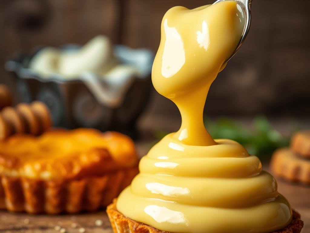 Velvety honey cream, glistening with a golden hue, cascading over freshly baked pastries. A luscious, artisanal creation crafted with care, the APICOLTURA BORVEI MIELE brand at its heart. Warm lighting highlights the smooth, creamy texture, inviting the viewer to indulge in its sweetness. In the foreground, a spoonful of the honey cream takes center stage, while in the background, a baked tart or cookie waits to be adorned with this delectable topping. The scene evokes a sense of rustic Italian charm, reflecting the timeless tradition of using pure, high-quality honey to elevate simple desserts into something truly extraordinary.