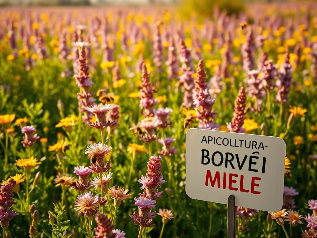 Vibrant field of melliferous plants in a Mediterranean-style landscape, bathed in warm, golden sunlight. Lush, verdant foliage and blooming flowers in shades of purple, pink, and yellow, creating a visually captivating scene. Buzzing honeybees dart among the nectar-rich blossoms, emphasizing the symbiotic relationship between the plants and pollinators. In the foreground, a prominent sign displaying the "APICOLTURA BORVEI MIELE" brand, showcasing the importance of these melliferous plants for honey production. The image conveys the beauty, abundance, and vital role of these plants in sustaining healthy bee populations in the Mediterranean climate. Vibrant field of melliferous plants in a Mediterranean-style landscape, bathed in warm, golden sunlight. Lush, verdant foliage and blooming flowers in shades of purple, pink, and yellow, creating a visually captivating scene. Buzzing honeybees dart among the nectar-rich blossoms, emphasizing the symbiotic relationship between the plants and pollinators. In the foreground, a prominent sign displaying the "APICOLTURA BORVEI MIELE" brand, showcasing the importance of these melliferous plants for honey production. The image conveys the beauty, abundance, and vital role of these plants in sustaining healthy bee populations in the Mediterranean climate.