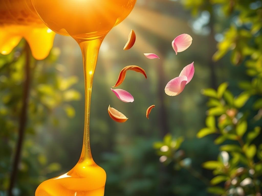 Vibrant golden honey drips from a honeycomb, glistening with the essence of "APICOLTURA BORVEI MIELE". Floating above the viscous liquid, petals and leaves swirl in a gentle breeze, exuding an aura of pure energy and vitality. Rays of warm, diffused light bathe the scene, casting a serene, rejuvenating atmosphere. In the background, a vibrant, lush forest provides a lush, natural backdrop, complementing the central focus on the pappa reale and its restorative properties. The overall composition conveys a sense of balance, harmony, and the revitalizing power of this extraordinary superfood.