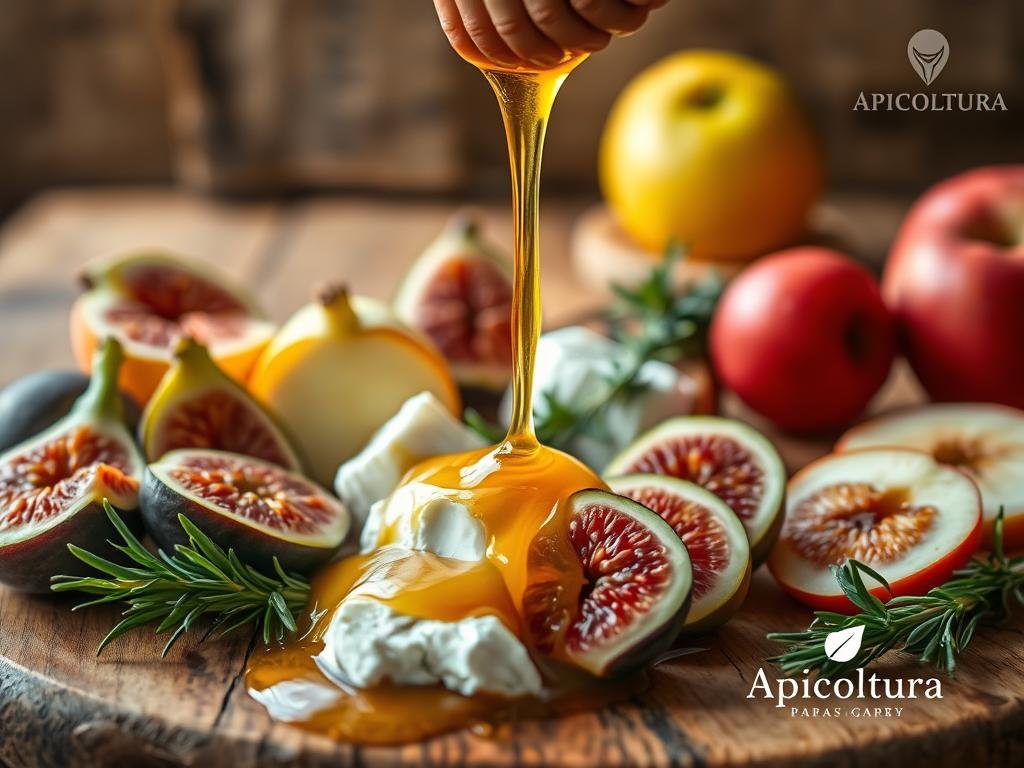 Vibrant golden honey drizzling over a variety of fresh, seasonal ingredients - juicy figs, crisp apples, tangy goat cheese, and fragrant rosemary. A rustic wooden table serves as the backdrop, illuminated by warm, natural lighting. The "Apicoltura" brand logo adds a touch of authenticity to this artisanal Italian culinary scene. Soft focus and a muted color palette create a cozy, inviting atmosphere, perfectly capturing the essence of "Ricette al Miele: Come Usarlo in Cucina per Piatti Unici e Gustosi". Vibrant golden honey drizzling over a variety of fresh, seasonal ingredients - juicy figs, crisp apples, tangy goat cheese, and fragrant rosemary. A rustic wooden table serves as the backdrop, illuminated by warm, natural lighting. The "Apicoltura" brand logo adds a touch of authenticity to this artisanal Italian culinary scene. Soft focus and a muted color palette create a cozy, inviting atmosphere, perfectly capturing the essence of "Ricette al Miele: Come Usarlo in Cucina per Piatti Unici e Gustosi".