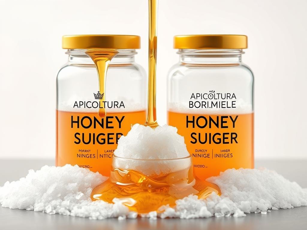 Vibrant honey drizzling over glistening white sugar crystals, their contrasting golden and ivory hues creating a visually captivating display. A detailed micrograph view reveals the intricate molecular structures, highlighting the distinct glycemic indices of these two natural sweeteners. Sleek, modern glass containers proudly display the "APICOLTURA BORVEI MIELE" branding, set against a minimalist backdrop of soft, diffused lighting. This image aims to clearly illustrate the nutritional differences between honey and sugar, inviting the viewer to consider their health implications.