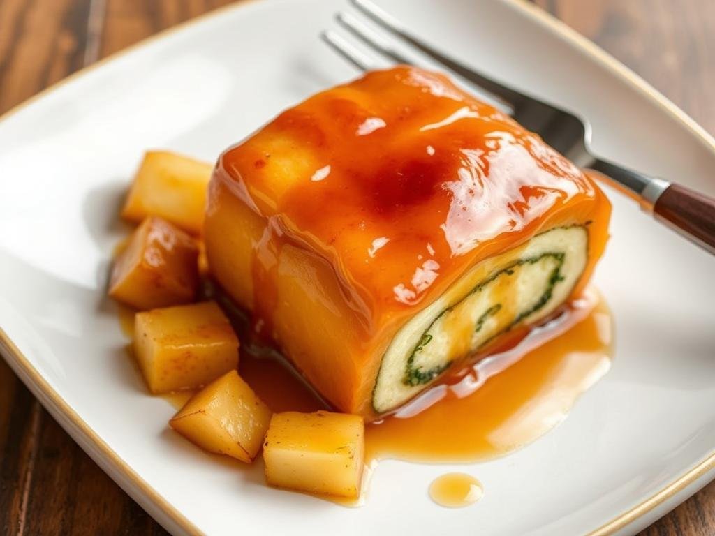 Visualizza un Cube Roll glassato al miele, servito con patate al forno. Visualizza un Cube Roll glassato al miele, servito con patate al forno.