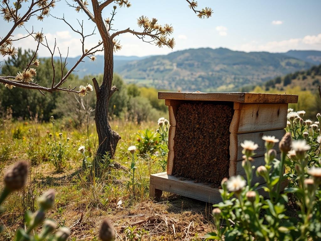 Visualizza un apiario integrato nella campagna lucana, dove le api prosperano in un ambiente incontaminato.