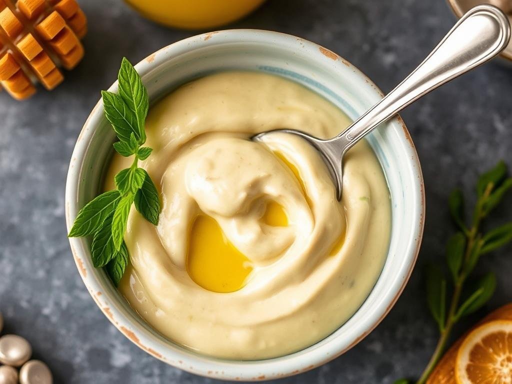 Visualizza un condimento cremoso che combina il miele con la senape di Dijon e olio extravergine di oliva.