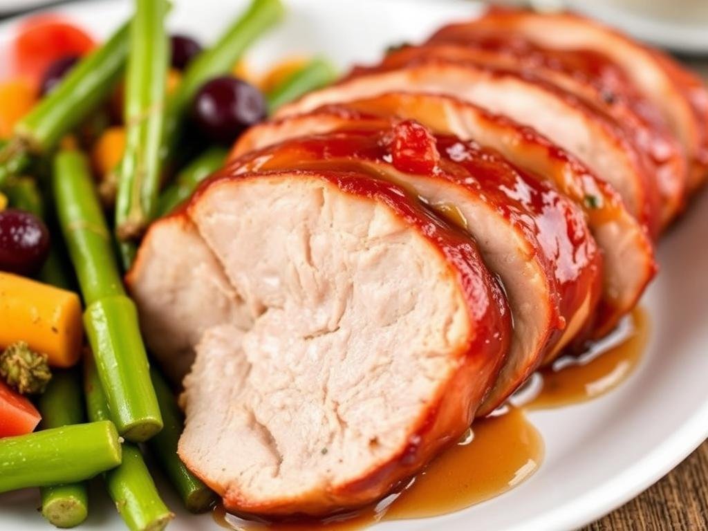 Visualizza un filetto di maiale caramellato al miele di castagno, servito con contorno di verdure.