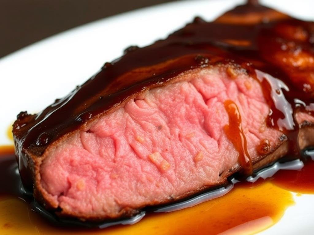Visualizza un filetto di manzo cotto alla perfezione e glassato con una salsa al miele e balsamico.