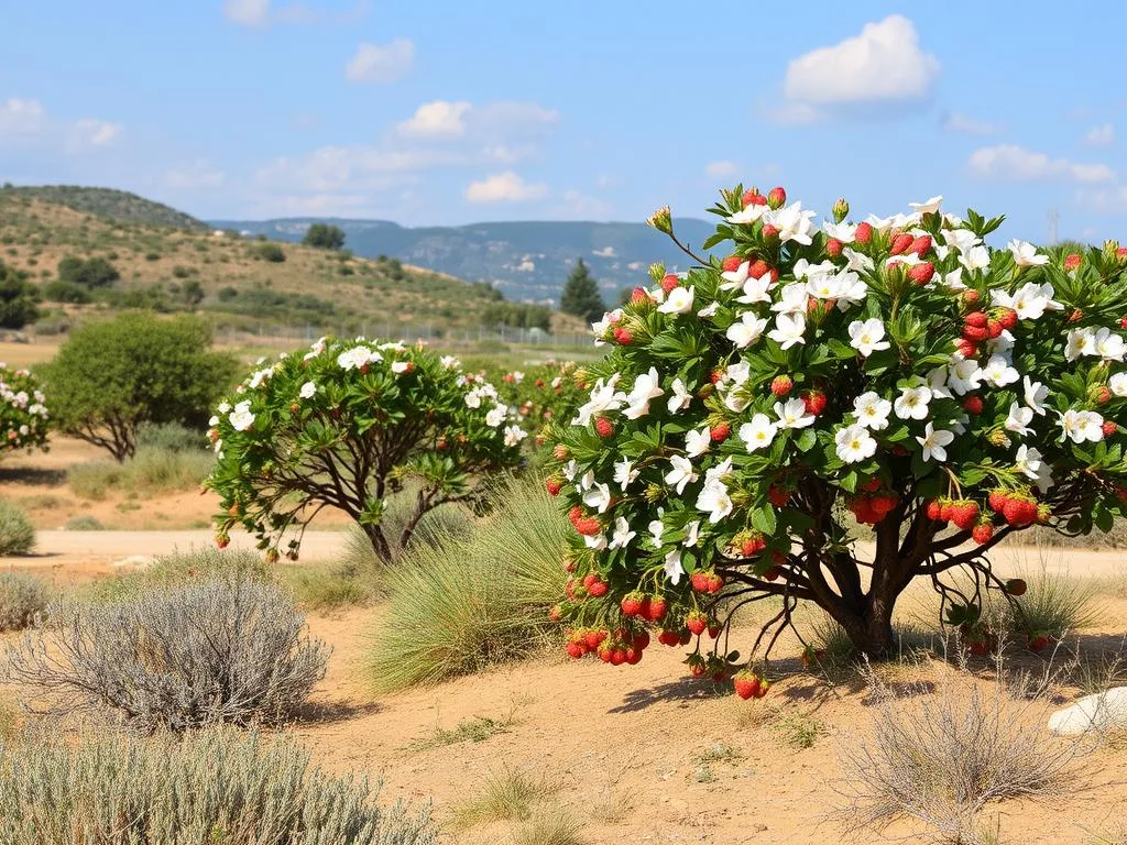 Visualizza un paesaggio sardo con arbusti di corbezzolo in fiore. Visualizza un paesaggio sardo con arbusti di corbezzolo in fiore.