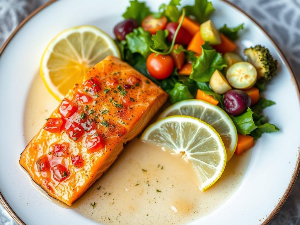 Visualizza un piatto di salmone affumicato glassato con miele e lime, servito con contorno di verdure fresche.