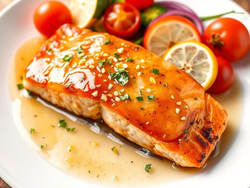 Visualizza un salmone glassato con miele e aglio, servito con verdure fresche. Visualizza un salmone glassato con miele e aglio, servito con verdure fresche.