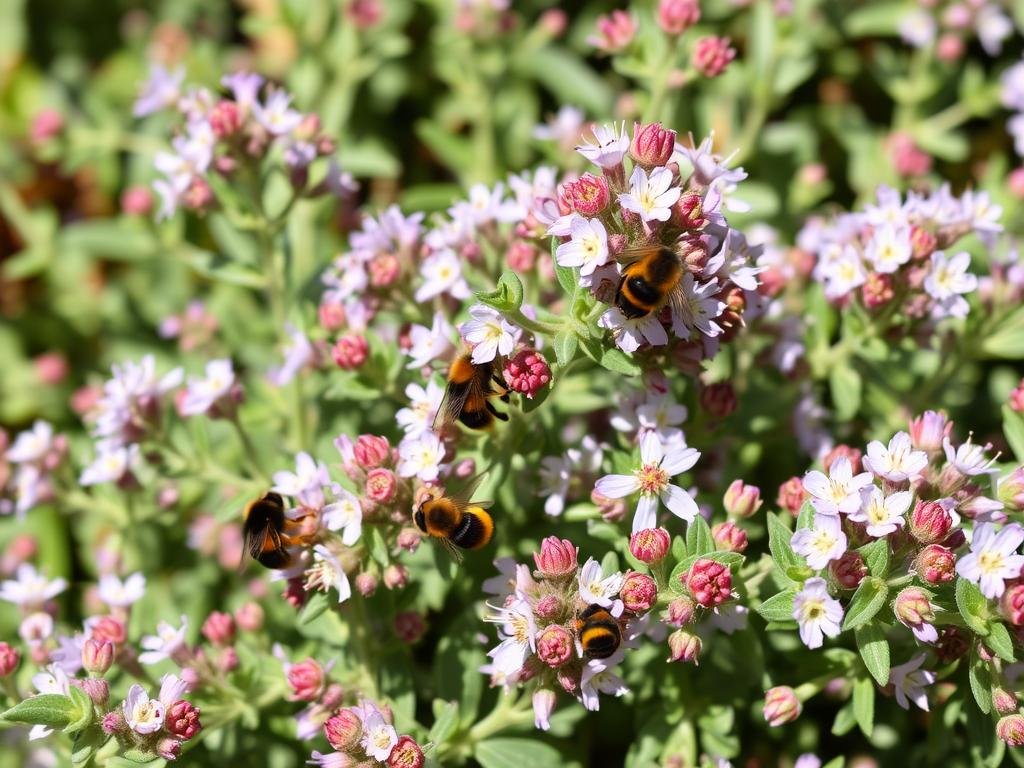 Visualizza un timo in fiore, con il suo profumo intenso che attrae le api.