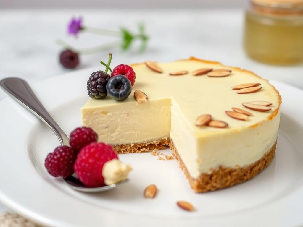 Visualizza una cheesecake cremosa con base di mandorle e dolcificata con miele millefiori.