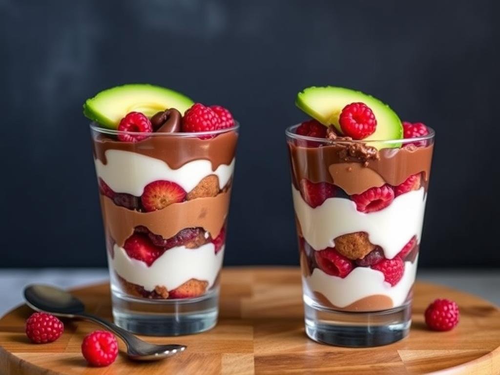 Visualizza una crema di avocado, cioccolato e miele, presentata in coppette trasparenti con strati alternati di crema di ricotta e frutti rossi.