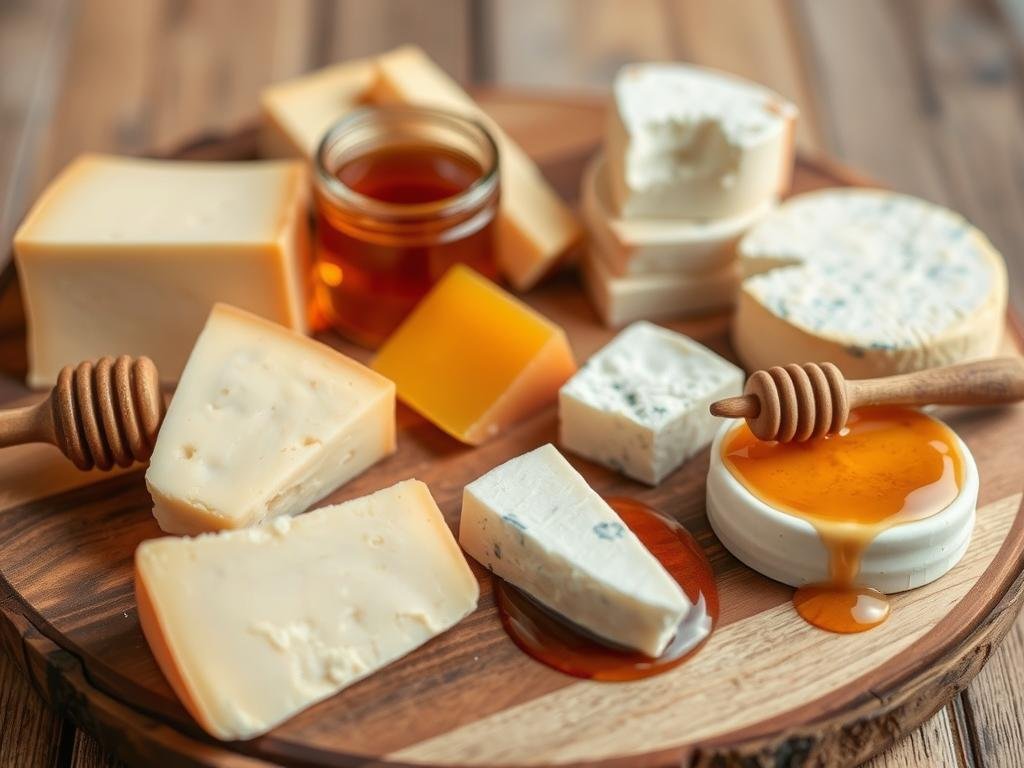 Visualizza un'immagine di un tagliere di formaggi stagionati abbinati a diverse varietà di miele.