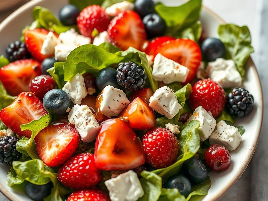 Visualizza un'insalata colorata con frutti di bosco, formaggio di capra e una salsa al miele e frutti di bosco.