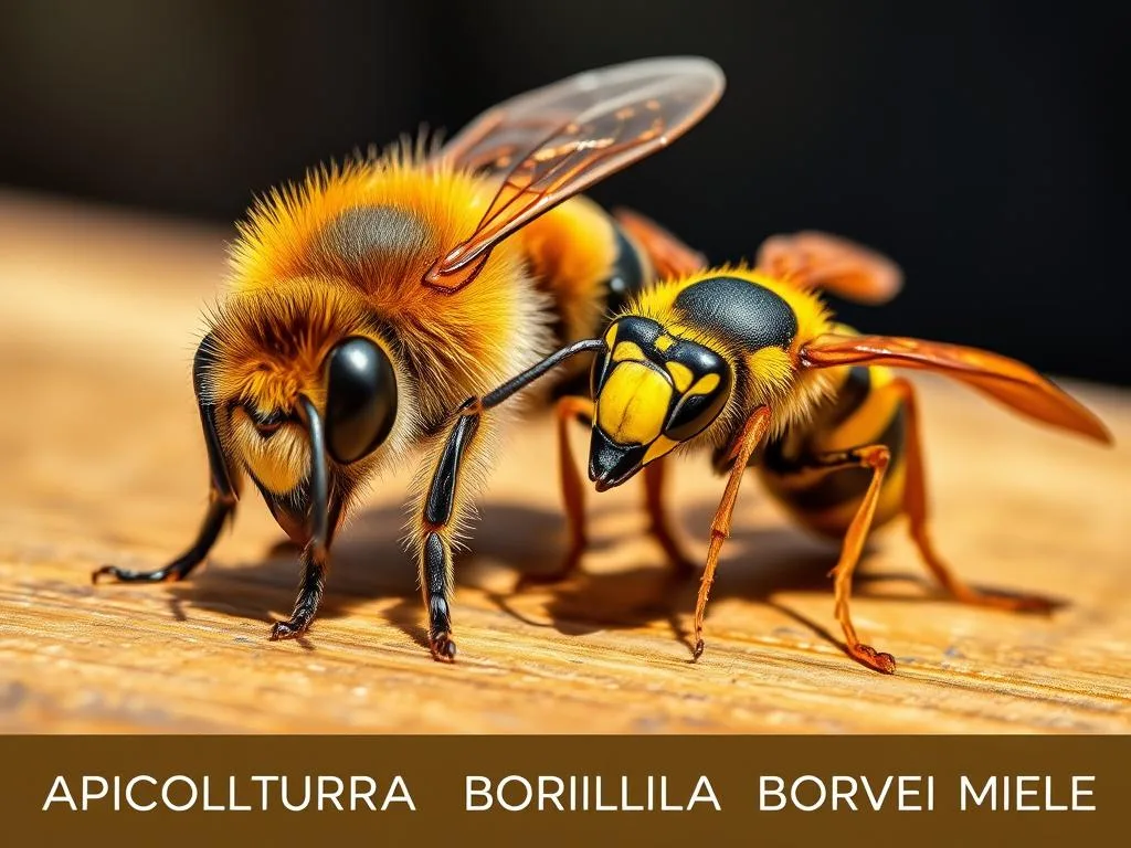 Vivid close-up of a honeybee and a wasp, resting side by side on a wooden surface. The bee has a furry brown and yellow body, large compound eyes, and delicate translucent wings. The wasp has a sleek black and yellow striped abdomen, a smaller head, and sharp mandibles. Soft natural lighting illuminates their intricate details, casting subtle shadows. The background is blurred, hinting at a rustic Italian setting, with the text "APICOLTURA BORVEI MIELE" visible in the lower corner. This image perfectly captures the distinct characteristics of these two important insect species.