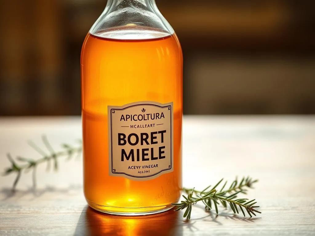 Vivid glass bottle filled with amber-colored honey-vinegar, known as "aceto di miele". The liquid glows in soft, warm lighting, casting a gentle reflection on the table surface. Prominently featured is the label "APICOLTURA BORVEI MIELE", showcasing the traditional Italian honey producer. In the background, a sprig of rosemary or lavender adds a natural, herbal touch, hinting at the aromatic properties of this artisanal vinegar. The overall composition conveys the premium quality, health benefits, and homemade character of this classic Italian culinary elixir.