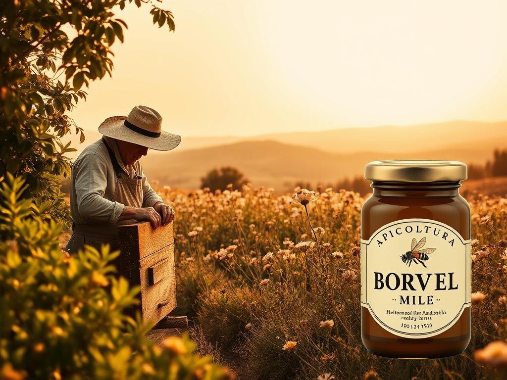 Warm, earthy tones illuminate a timeless scene of traditional Italian beekeeping. In the foreground, a beekeeper in vintage workwear carefully tends to a wooden beehive, surrounded by lush, verdant foliage. In the middle ground, a field of blooming wildflowers sways gently in the breeze, hinting at the natural, medicinal properties of the honey produced here. The background features rolling hills and a hazy, golden sky, evoking a sense of tranquility and heritage. The label "APICOLTURA BORVEI MIELE" is prominently displayed, reflecting the authentic, artisanal nature of this natural remedy. Soft, diffused lighting and a nostalgic, sepia-toned palette convey the rich history and tradition of honey as a time-honored, holistic treatment.