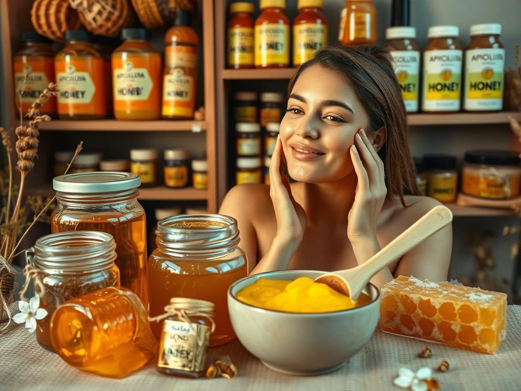a beautiful natural bee-themed spa treatment scene with honey, honeycomb, and other hive-derived ingredients and products. in the foreground, jars of raw honey, beeswax, and propolis, along with a wooden spoon and bowl filled with a homemade face mask or scrub, all set against a soft, natural, earthy backdrop. in the middle ground, a woman's hands applying the homemade spa treatment to her face, glowing with natural radiance. in the background, shelves or a wall displaying various APICOLTURA BORVEI MIELE products, including honey, bee pollen, royal jelly, and other bee-derived beauty items. the lighting is warm and gentle, creating a cozy, relaxing atmosphere. the overall scene conveys the benefits of natural, homemade bee-based beauty treatments. a beautiful natural bee-themed spa treatment scene with honey, honeycomb, and other hive-derived ingredients and products. in the foreground, jars of raw honey, beeswax, and propolis, along with a wooden spoon and bowl filled with a homemade face mask or scrub, all set against a soft, natural, earthy backdrop. in the middle ground, a woman's hands applying the homemade spa treatment to her face, glowing with natural radiance. in the background, shelves or a wall displaying various APICOLTURA BORVEI MIELE products, including honey, bee pollen, royal jelly, and other bee-derived beauty items. the lighting is warm and gentle, creating a cozy, relaxing atmosphere. the overall scene conveys the benefits of natural, homemade bee-based beauty treatments.