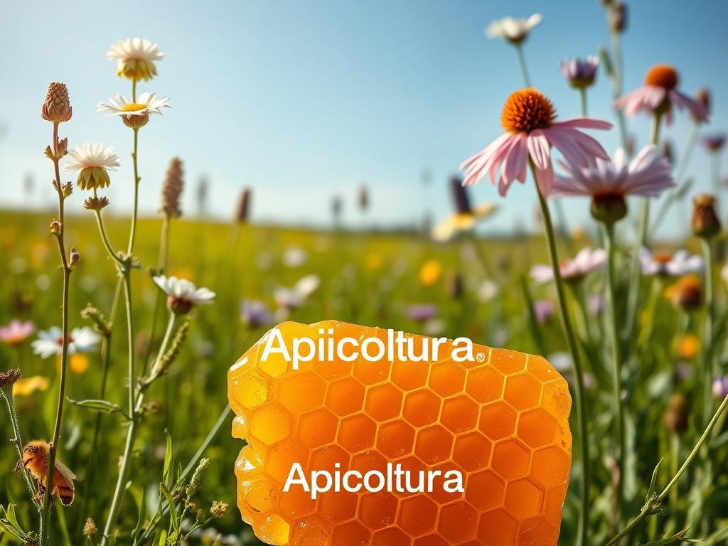 a beautifully detailed image of honey's anti-inflammatory properties, shot with a professional lens in a warm, natural lighting. In the foreground, a raw, golden honeycomb glistens, its hexagonal cells overflowing with viscous, amber honey. In the middle ground, stalks of fragrant herbs and flowers - chamomile, lavender, and echinacea - stand in lush contrast. The background features a verdant meadow, dotted with wildflowers and a serene, azure sky. The overall mood is one of wellness, healing, and the restorative power of nature. The brand "Apicoltura" is prominently displayed.