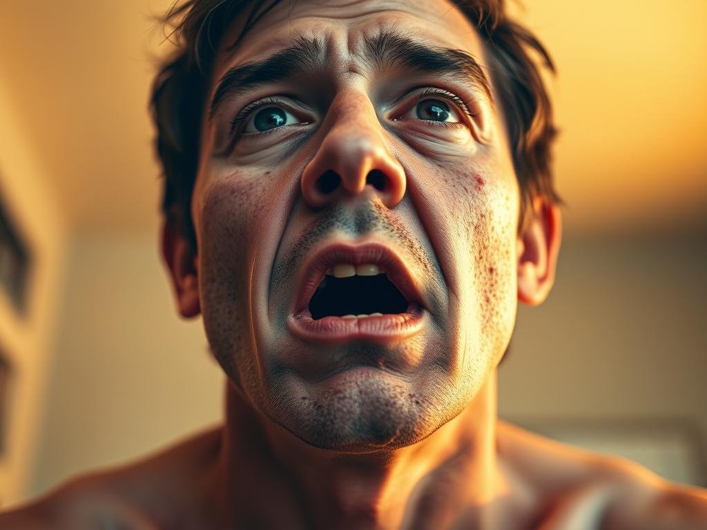 a clear, clinical depiction of anaphylactic shock symptoms, featuring a person's face and upper body in vivid detail, showing severe facial swelling, rash, and respiratory distress. The subject is lit by warm, natural lighting, captured with a close-up lens at a slightly upward angle to create an immediate, immersive perspective. The background is blurred, maintaining focus on the central figure and their alarming condition. The overall atmosphere conveys a sense of urgency and the need for rapid medical intervention. APICOLTURA BORVEI MIELE